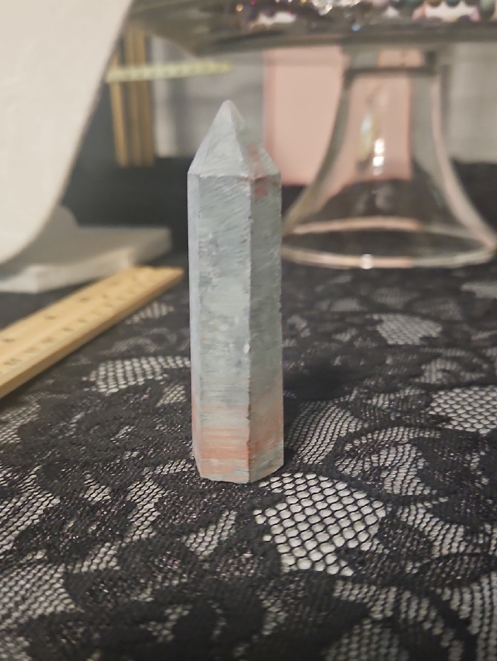 Natural Pointed Tower Crystal - Blue-Grey with Peach Bands 1.5 Oz